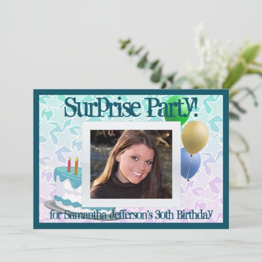 Foto Verrassingsfeestuitnodigingen, Blauw en Wit Kaart (Staand voorkant)