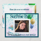 Foto Verrassingsfeestuitnodigingen, Blauw en Wit Kaart (Voorkant / Achterkant)