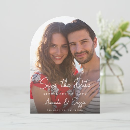 Foto - Verticaal handschrift Save the Date 3 Arc Kaart (Staand voorkant)