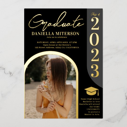 Foto vet 2023 boogzwart afstuderen folie uitnodiging (Voorkant)