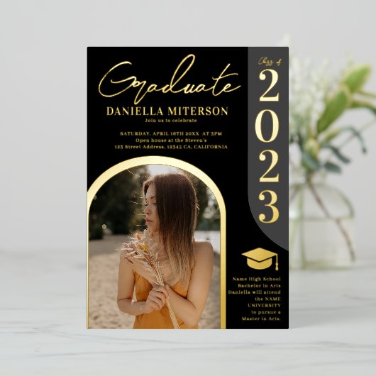 Foto vet 2023 boogzwart afstuderen folie uitnodiging (Staand Voorkant)