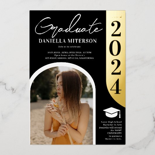 Foto vet 2024 gouden boog zwart afstuderen folie uitnodiging (Voorkant)