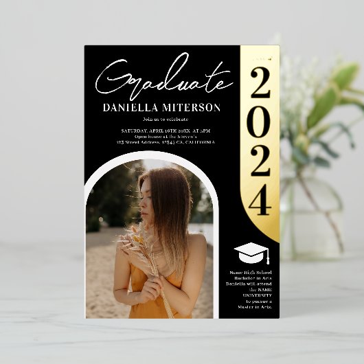 Foto vet 2024 gouden boog zwart afstuderen folie uitnodiging (Staand Voorkant)