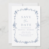 Foto Victoriaans Bloemen Dusty Blue French Wedding Save The Date (Voorkant)