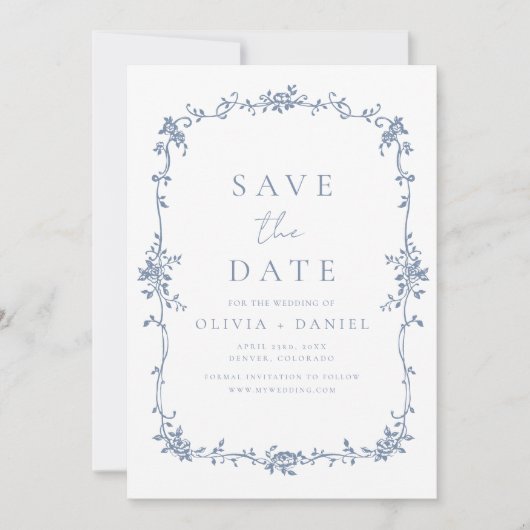 Foto Victoriaans Bloemen Dusty Blue French Wedding Save The Date (Voorkant)