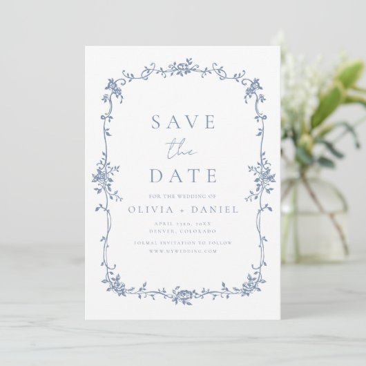 Foto Victoriaans Bloemen Dusty Blue French Wedding Save The Date (Staand voorkant)