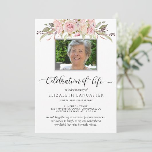 Foto: Viering van het leven, Floral Funeral Invite Kaart (Staand voorkant)