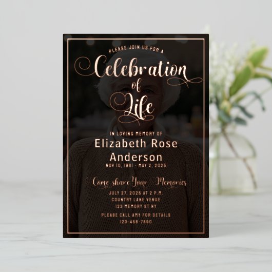 Foto Viering van het Leven RoseGold Folie Invitati Folie Uitnodiging (Staand Voorkant)