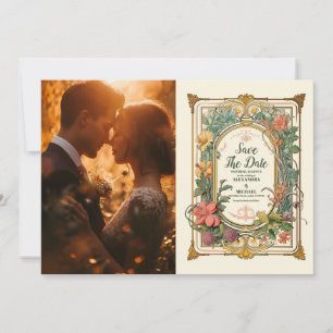Foto Vintage Bloem Art Nouveau Bruiloft Save The Date