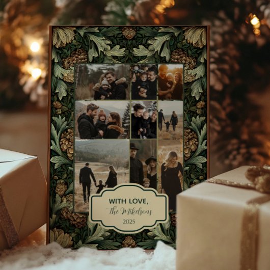 Foto Vintage Green Pinecone Botanische Kerst Feestdagenkaart