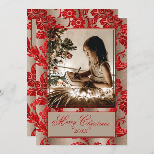 Foto Vintage Rode Damast Vakantie Feestdagenkaart (Voorkant / Achterkant)