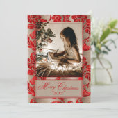 Foto Vintage Rode Damast Vakantie Feestdagenkaart (Staand voorkant)