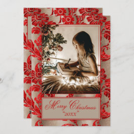 Foto Vintage Rode Damast Vakantie Feestdagenkaart