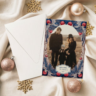 Foto Vintage Rode en Blauwe Kerst Feestdagenkaart