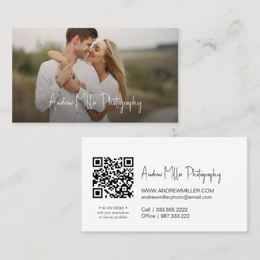 Foto Visitekaartje met QR Code script overlay (Voorkant / Achterkant)