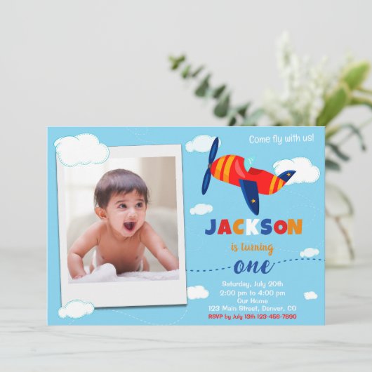 Foto vliegtuig verjaardagsuitnodiging Pilot party Kaart (Staand voorkant)