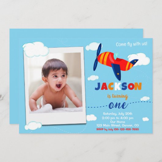 Foto vliegtuig verjaardagsuitnodiging Pilot party Kaart (Voorkant / Achterkant)