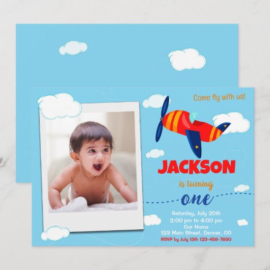 Foto vliegtuig verjaardagsuitnodiging Pilot party Kaart (Voorkant / Achterkant)