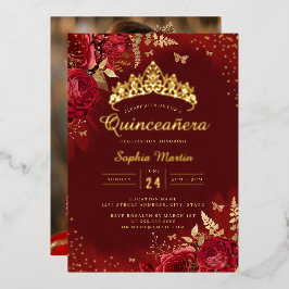Foto Vlinder Rood Goud Bloemige Quinceanera  Folie Uitnodiging