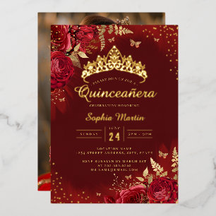 Foto Vlinder Rood Goud Bloemige Quinceanera Folie Uitnodiging