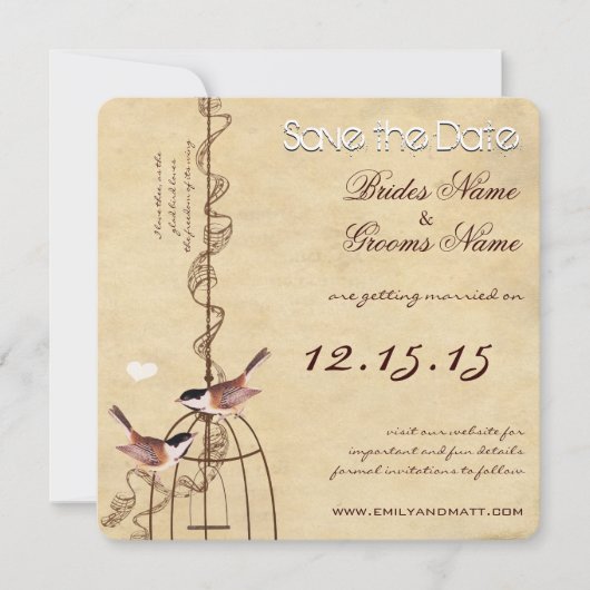 Foto Vogelkooi Perkament Huwelijk Opslag de Datum Save The Date (Voorkant)