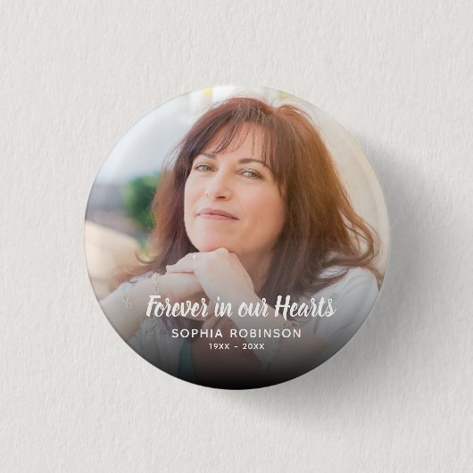 Foto voor altijd in onze harten begrafenis ronde button 3,2 cm (Voorkant)