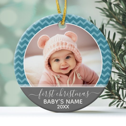 Foto voor Babys First Kerstmis - blauwe chevrons g Keramisch Ornament
