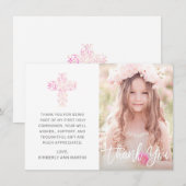 Foto voor eerste communiqué met roze flessenkruis bedankkaart (Voorkant / Achterkant)