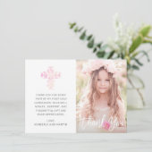 Foto voor eerste communiqué met roze flessenkruis bedankkaart (Staand voorkant)