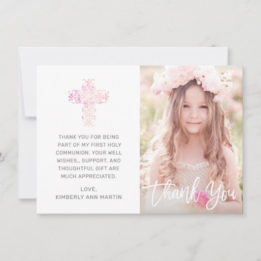 Foto voor eerste communiqué met roze flessenkruis bedankkaart (Voorkant)