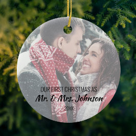 Foto voor eerste kerstmis als Mr & Mrs. Keramisch Ornament