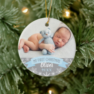 Foto voor eerste kerstmis: Blue Baby Boy Keramisch Ornament