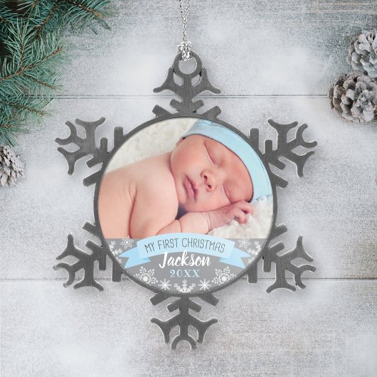 Foto voor eerste kerstmis: Blue Baby Boy Tin Sneeuwvlok Ornament