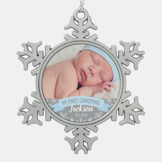Foto voor eerste kerstmis: Blue Baby Boy Tin Sneeuwvlok Ornament (Voorkant)