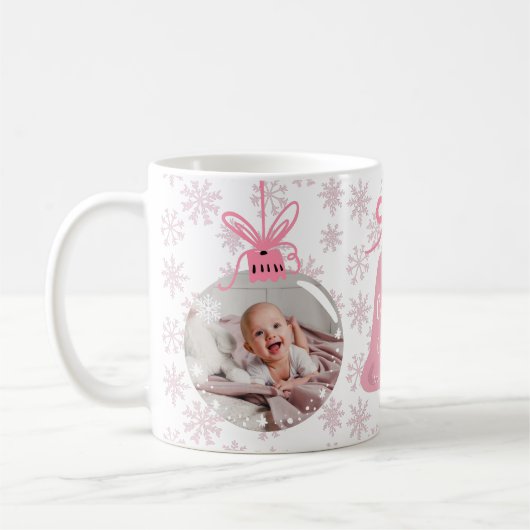 Foto voor eerste kerstmis: oma bell roze snowflake koffiemok (Links)