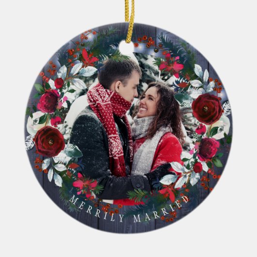 Foto voor het eerst Kerstmis als Mr en Mrs. rustic Keramisch Ornament (Voorkant)