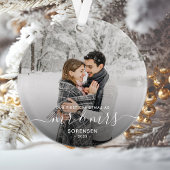 Foto voor het eerst met Kerstmis gehuwd wit script Ornament