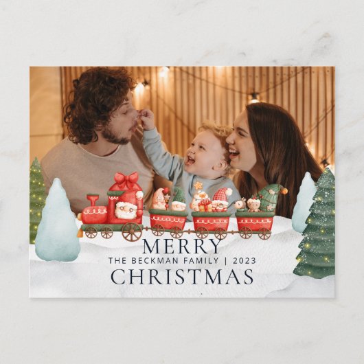 Foto Vrachtwagen Gnomen Winter Sneeuw Vrolijk Kers Feestdagenkaart (Voorkant)