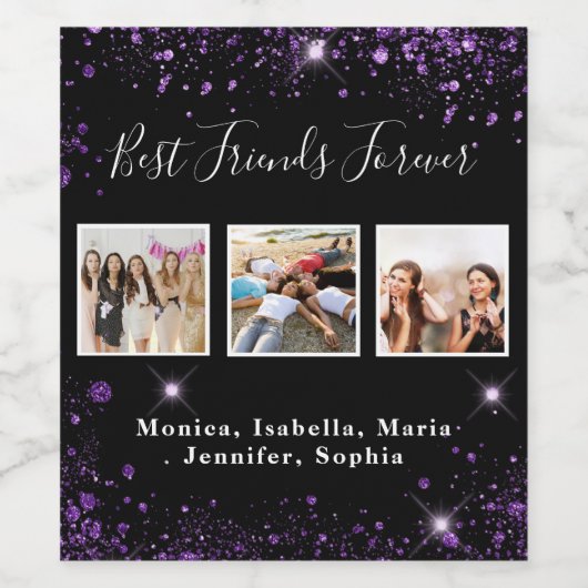 Foto vrienden voor altijd zwart paarse glitterspet wijn etiket (Enkel label)