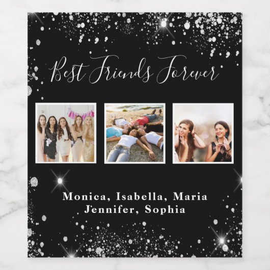 Foto vrienden voor altijd zwart zilveren glitterst wijn etiket (Enkel label)