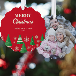 Foto Vrolijke Kerstmis rode groene retro bomen Ornament Kaart