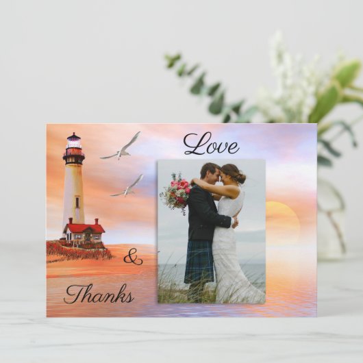 Foto vuurtoren strand bruiloft dank u kaart (Staand voorkant)