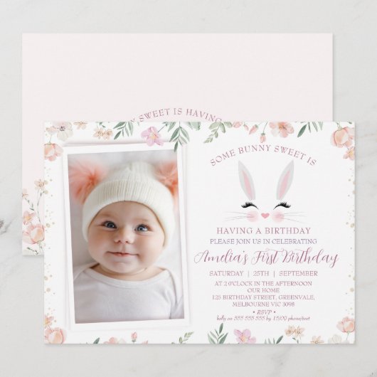 Foto Warm Wildflowers Some bunny 1st Birthday Kaart (Voorkant / Achterkant)