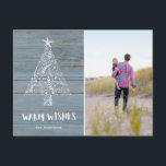 Foto Warm Wishes Rustic Beach Florida Feestdagenkaart<br><div class="desc">Kerstvakantie-briefkaarten in een bijtend houten strandontwerp "Warm Wishes". Voeg uw foto,  bericht en namen aan de voorkant van briefkaart en uw terugkeeradres en extra groet aan de rug toe. Als u hulp nodig hebt die uw foto bebouwt of een douaneverzoek hebt,  contacteer me. Ik zou graag helpen!</div>