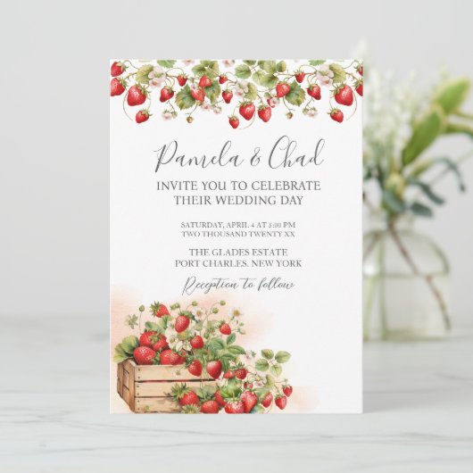 Foto Waterverf Aardbeien QR Code Wedding Kaart (Staand voorkant)