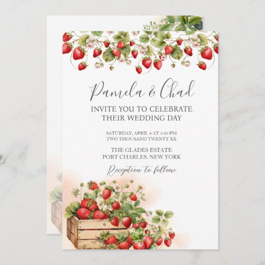 Foto Waterverf Aardbeien QR Code Wedding Kaart (Voorkant / Achterkant)