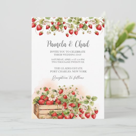 Foto Waterverf Aardbeien QR Code Wedding Kaart (Staand voorkant)