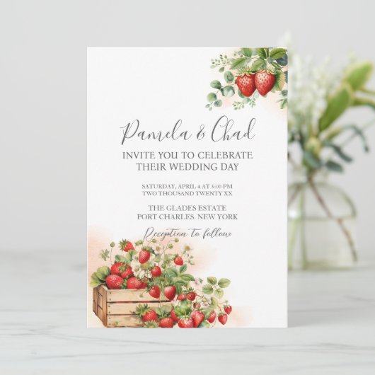 Foto Waterverf Aardbeien QR Code Wedding Kaart (Staand voorkant)