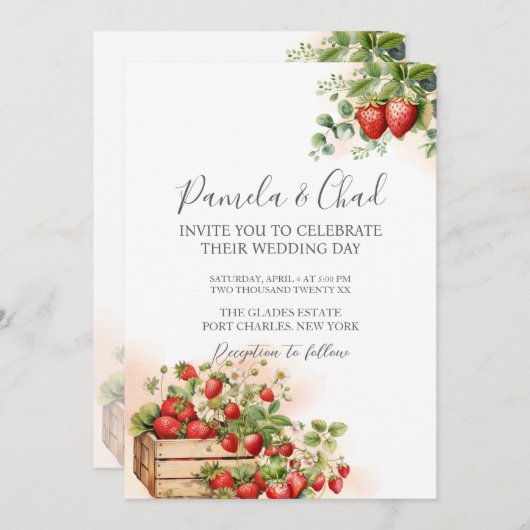 Foto Waterverf Aardbeien QR Code Wedding Kaart (Voorkant / Achterkant)