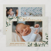 Foto Waterverf Botanische collage 4 Foto's geboort Aankondiging (Voorkant / Achterkant)